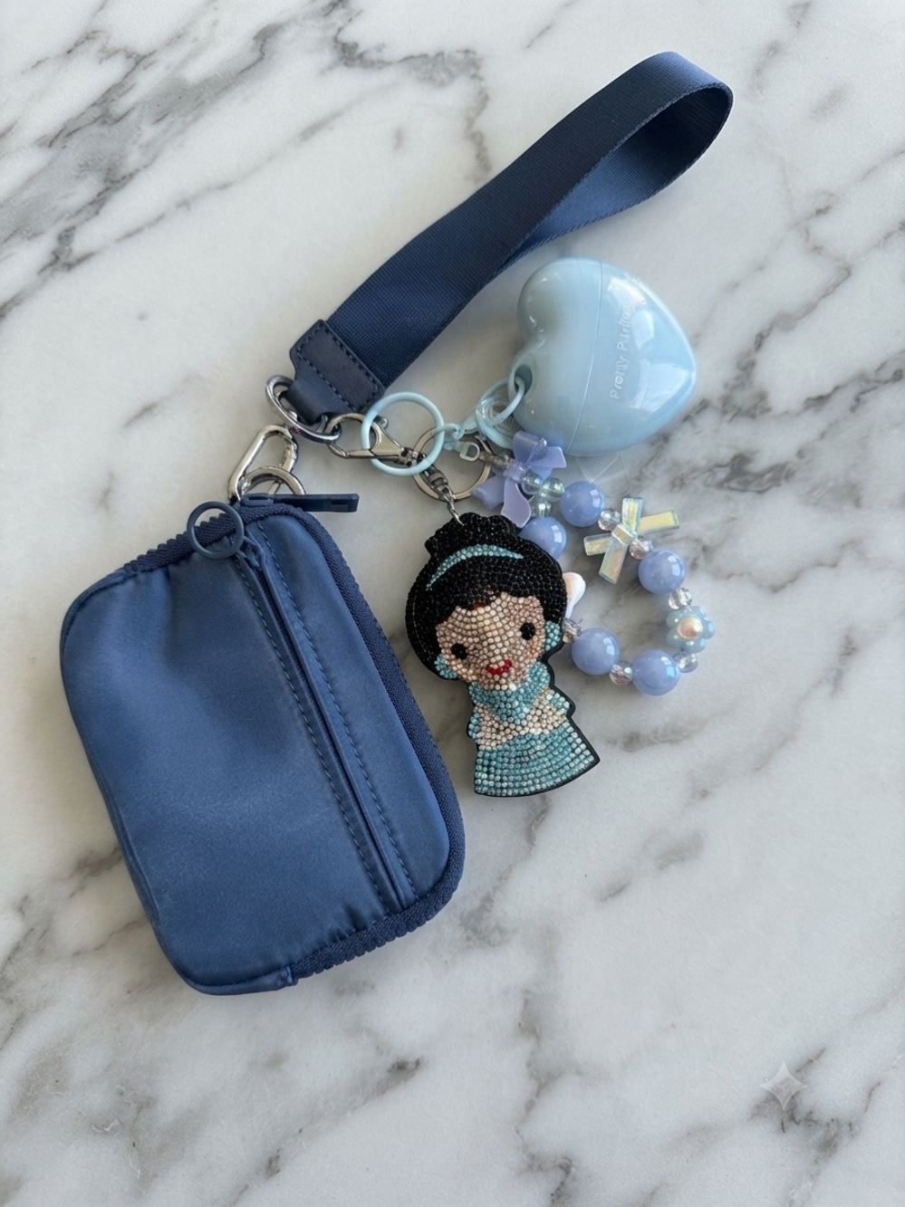Blue Wristlet wallet Keychain with Beaded Doll Charm and hand cream